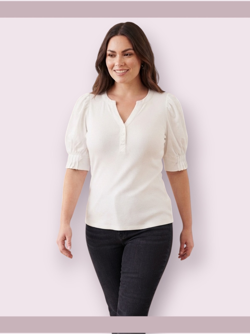 Bailey 44 White Mixed Media Puff Sleeve Henley Top